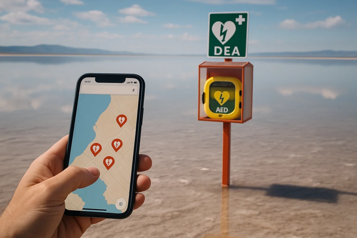 En la imagen se ve una cabina de desfibrilador con un desfibrilador en su interior en mitad de la nada mientras una persona utiliza un smartphone para localizarlo