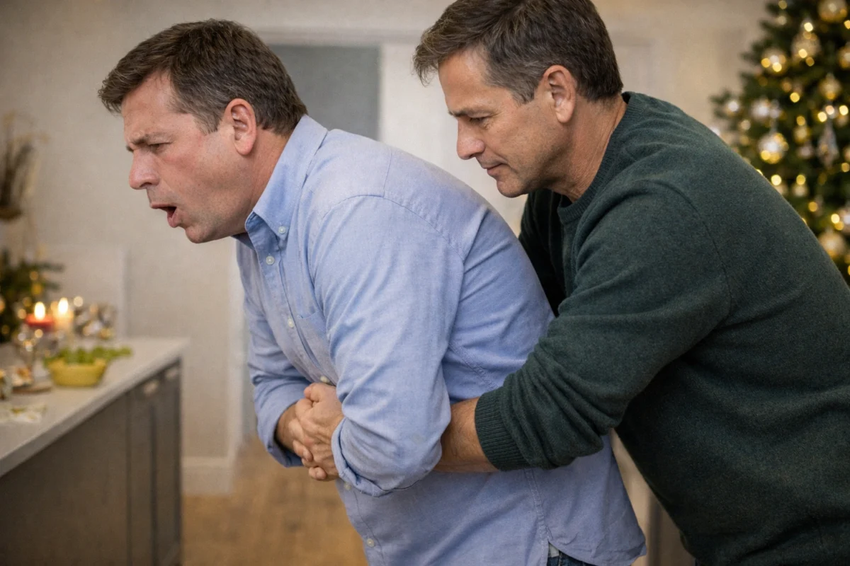 Una persona le hace la maniobra de Heimlich otra tras una atragantamiento
