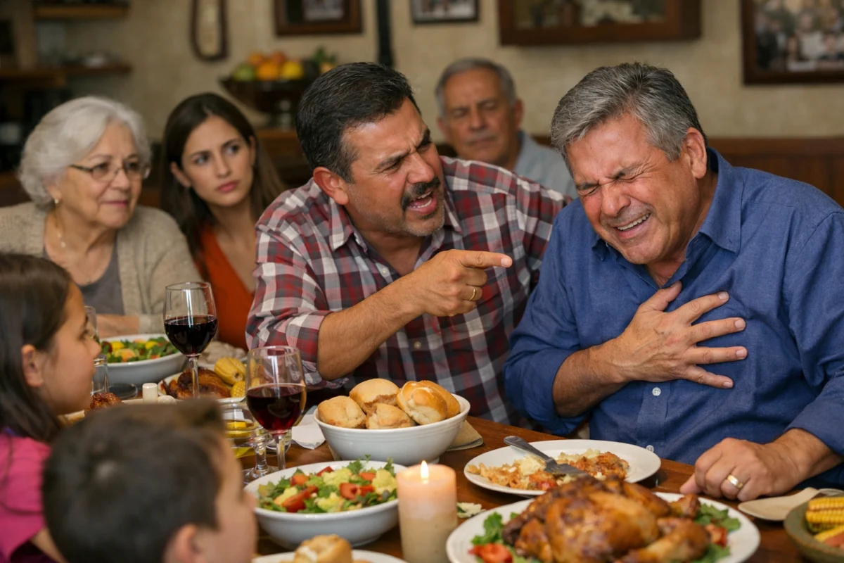Persona sobre infarto en comida familiar