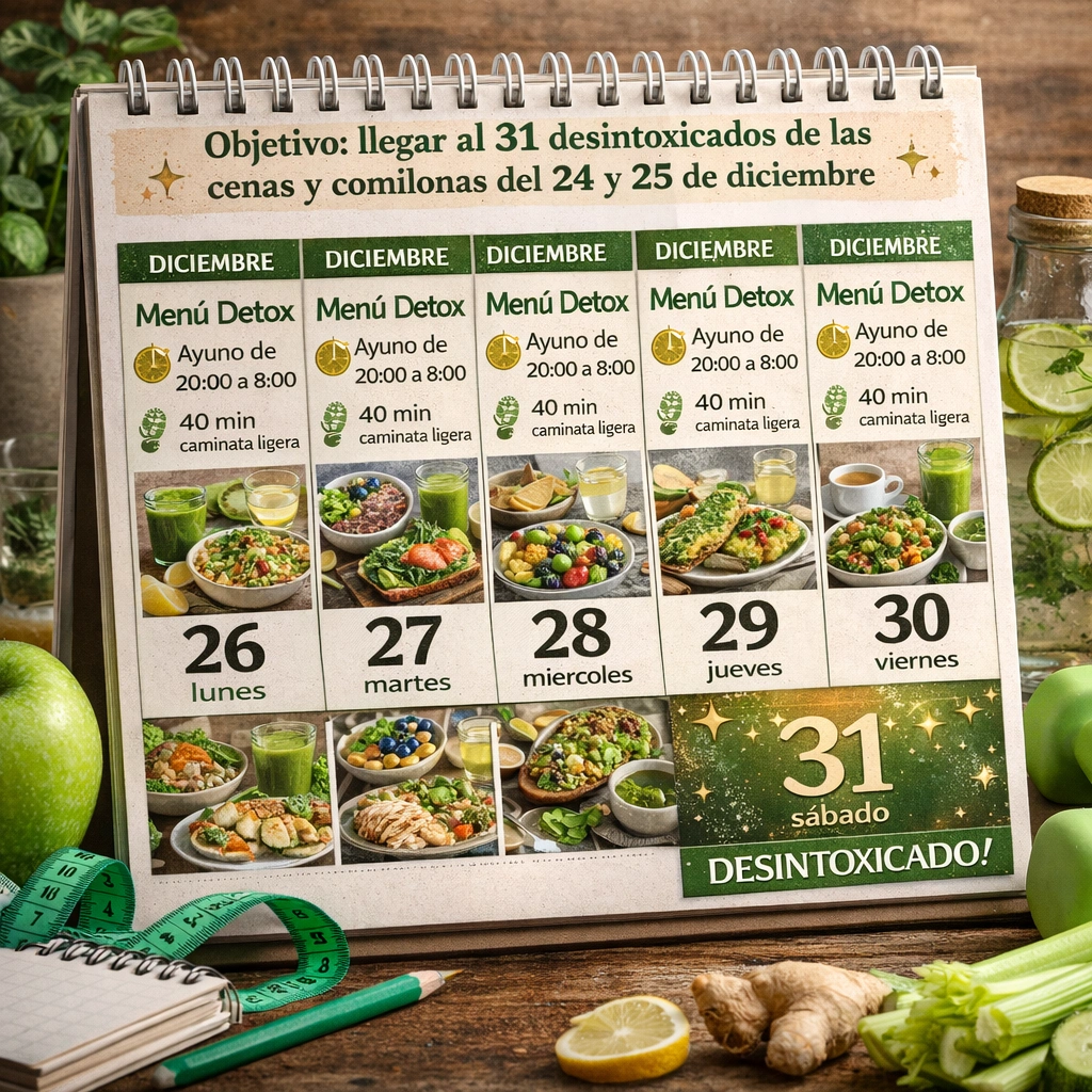 Calendario con plan detox detallada entre el día veintiséis y treinta de diciembre para tonificarnos cardiovascularmente
