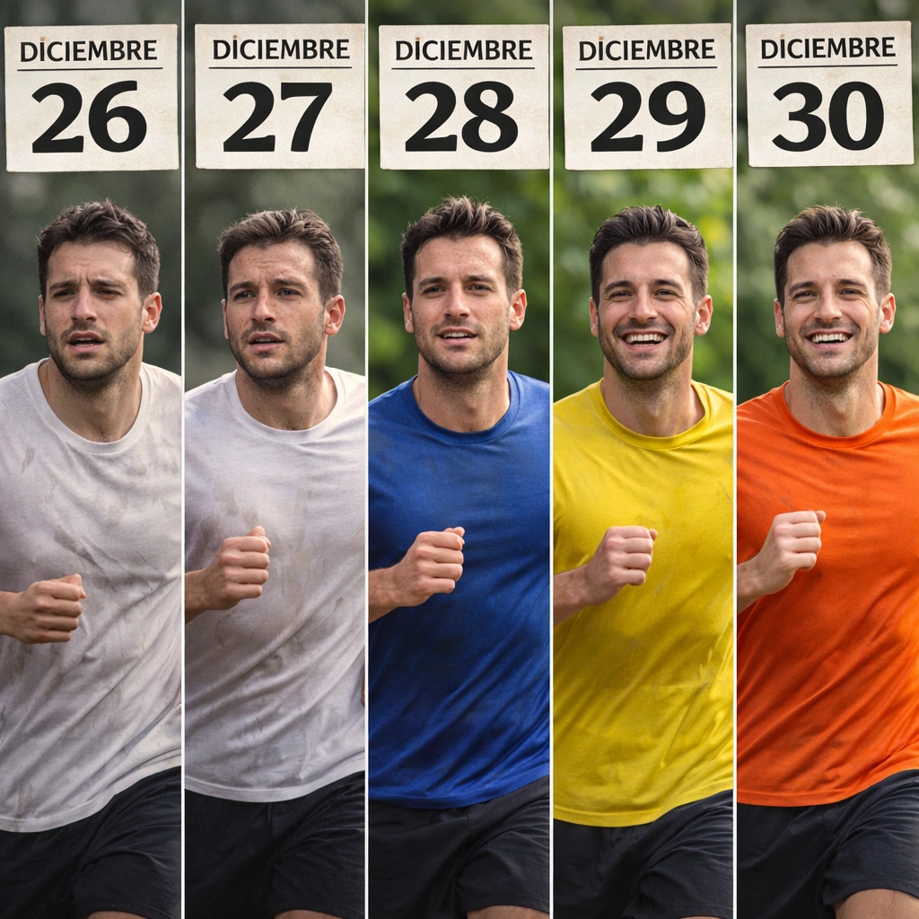Progresión de como mejora el aspecto y la salud cardiovascular de una persona desde los excesos de las cenas de Navidad del 25 de diciembre hasta el 30 de diciembre antes de las campanadas, gracias al plan detox
