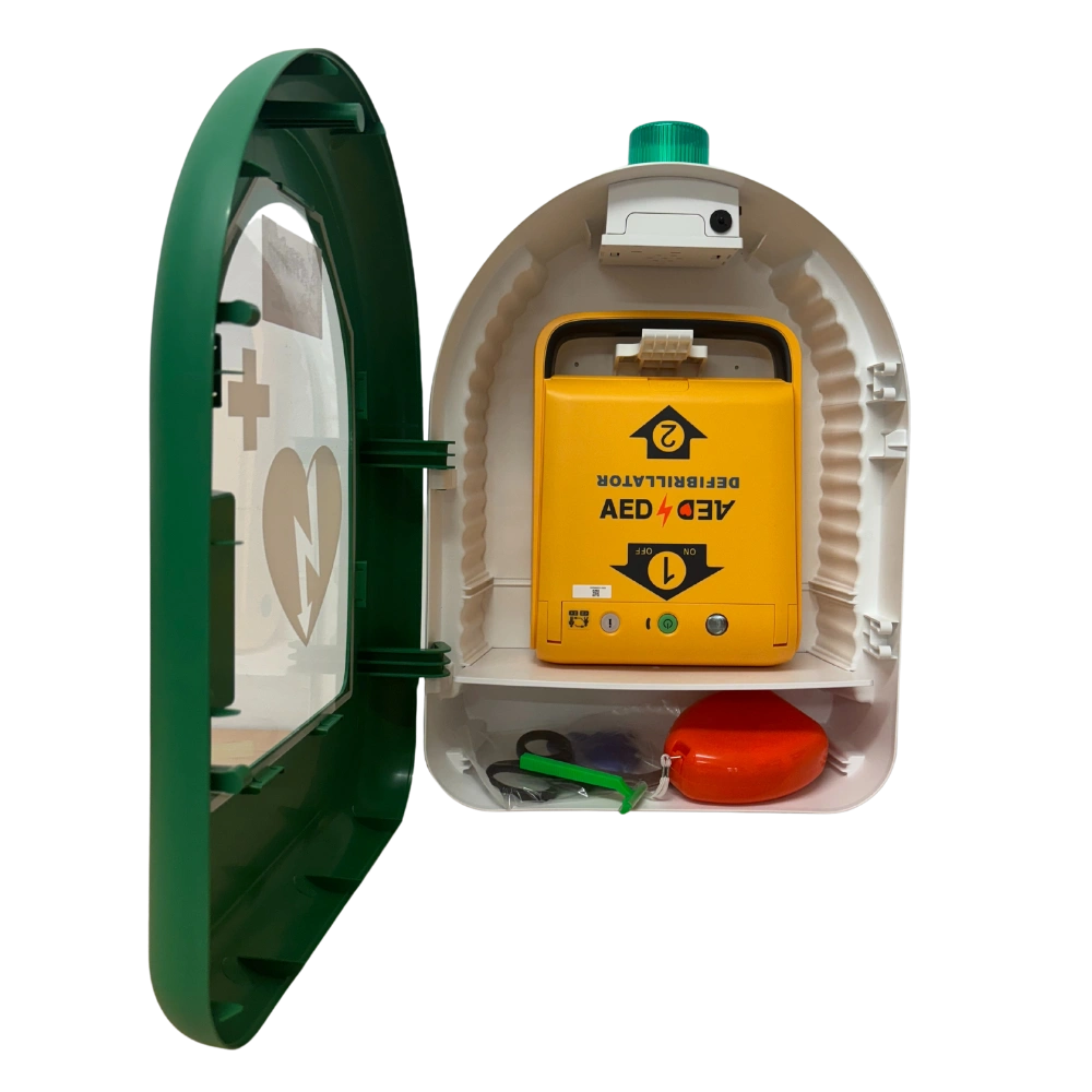 Cabina de desfibrilador para interior con alarma acústica y sonora precintable del Observatorio aragonés de cardioprotección