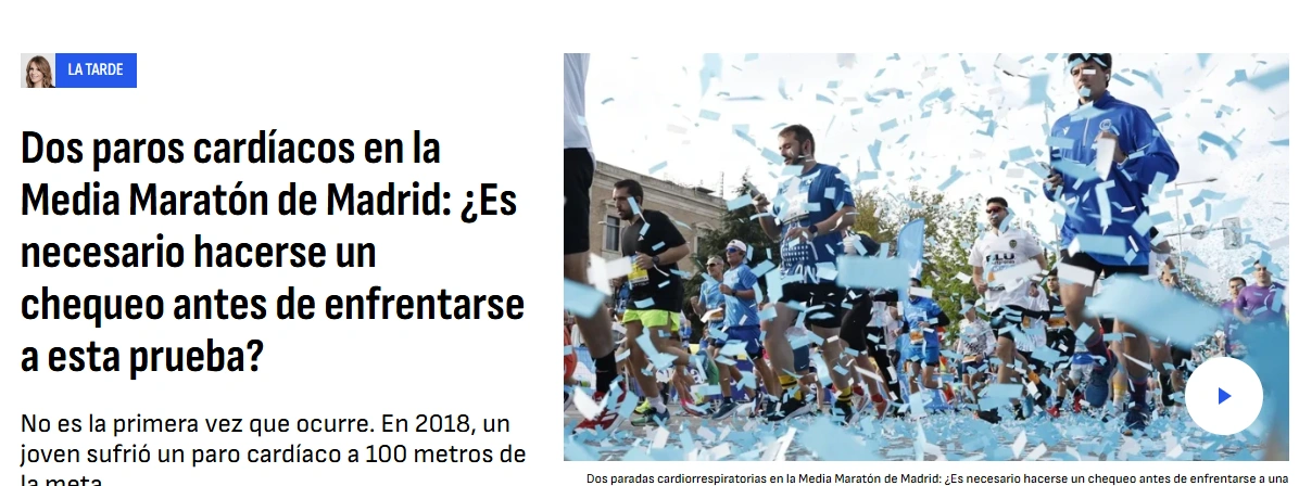Captura de pantalla de la noticia en la que COPE se hace eco de una doble parada cardíaca en la Maratón de Madrid de 2025