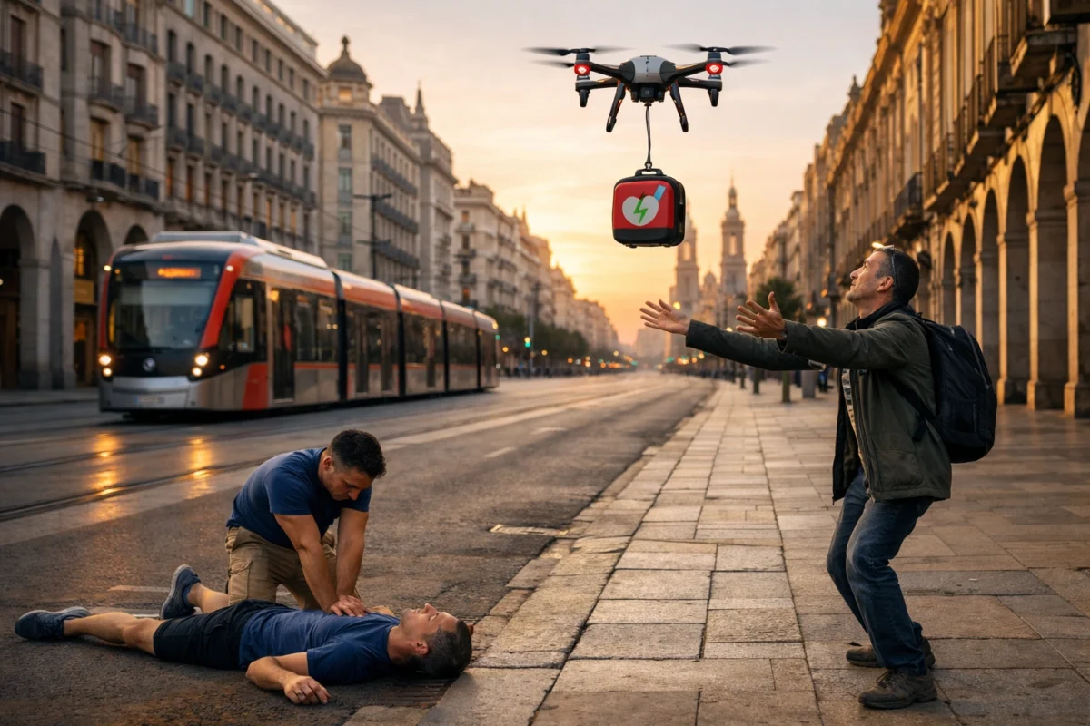 Una persona practica RCP a un viandante en parada cardíaca. Un tercer viandante recoge un dron desfibrilador para salvarle la vida en el paseo independencia de zaragozo