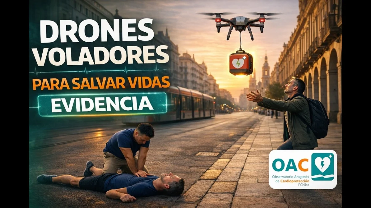 Un viandante recoge un dron desfibrilador mientras otra practiva RCP a un tercero en el paseo independencia de Zaragoza