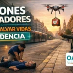 Un viandante recoge un dron desfibrilador mientras otra practiva RCP a un tercero en el paseo independencia de Zaragoza